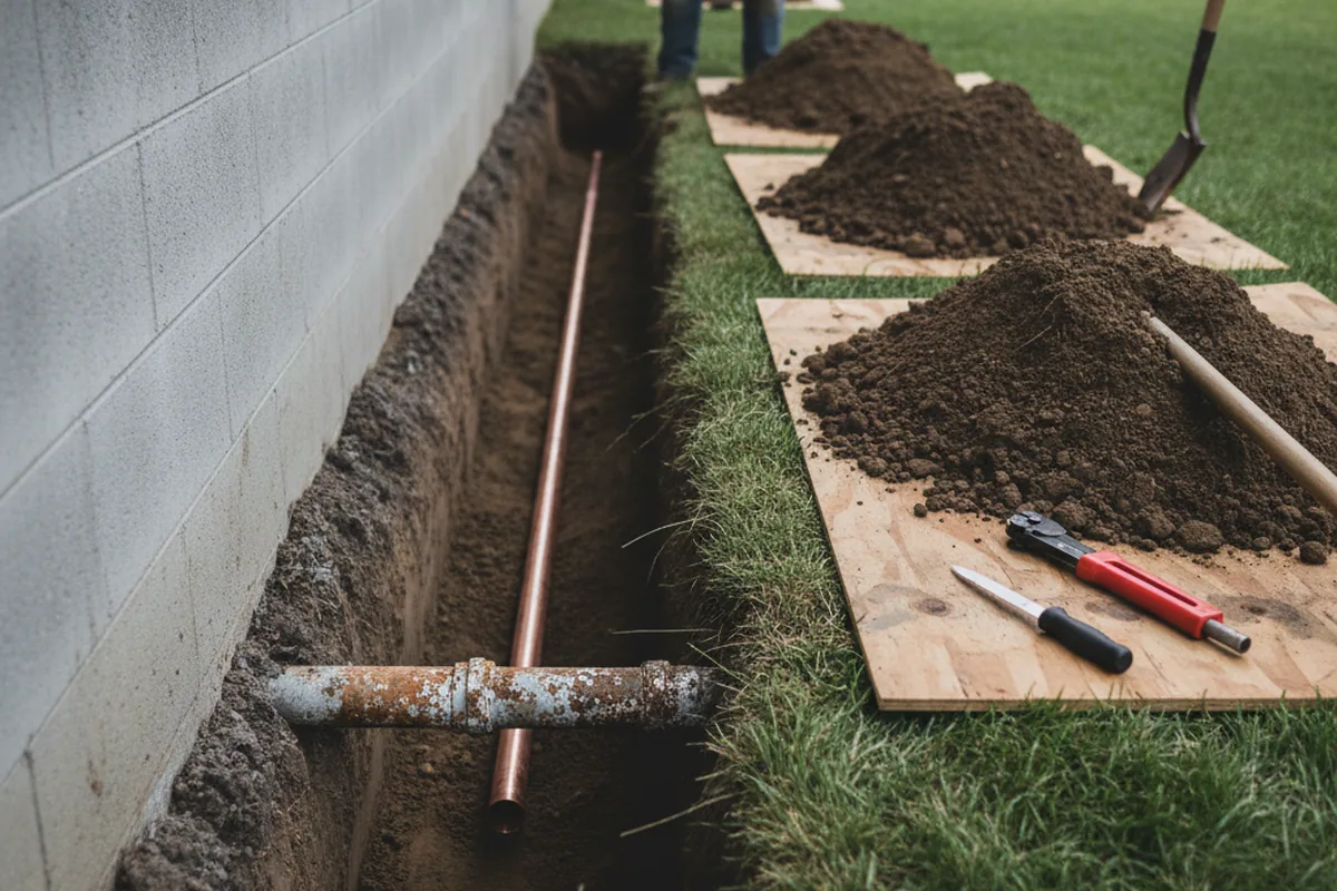 Excavated water line trench during Water Softener Installation in Rice